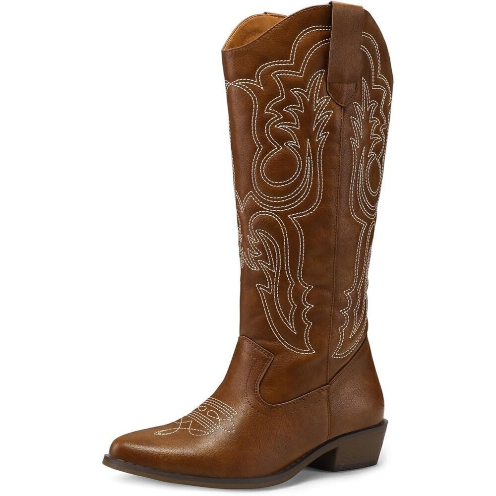 Mysoft  Cowboy Boots Women Brown Mid Calf Embroidered Western Pointed Toe Boots